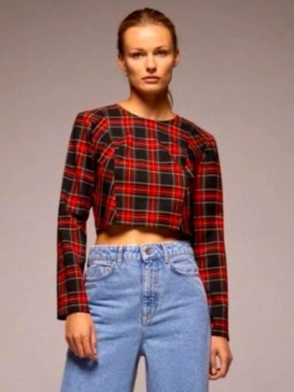 NWT ZARA Red Black Long Sleeve Plaid Crop Top XS
